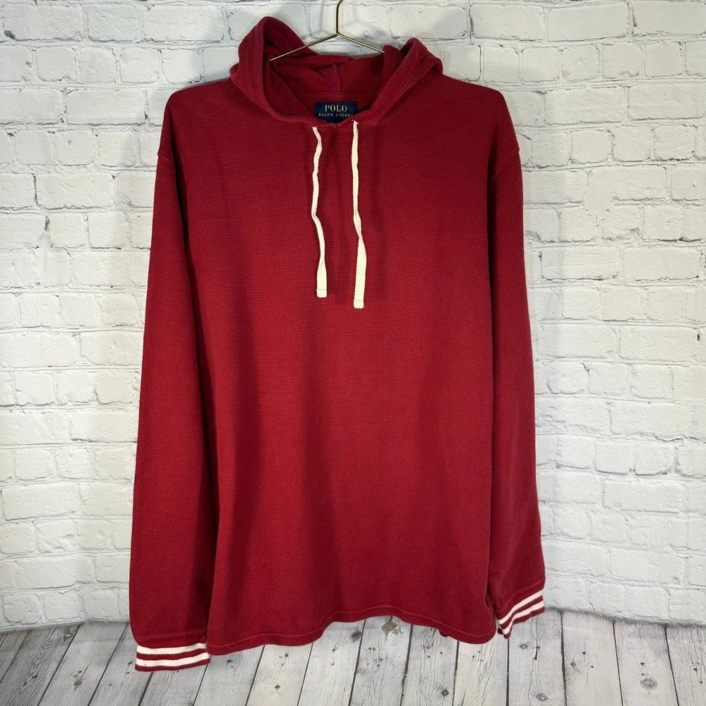 Polo Ralph Lauren Mens Red Waffle Knit Thermal Hoodie Striped Cuffs Large